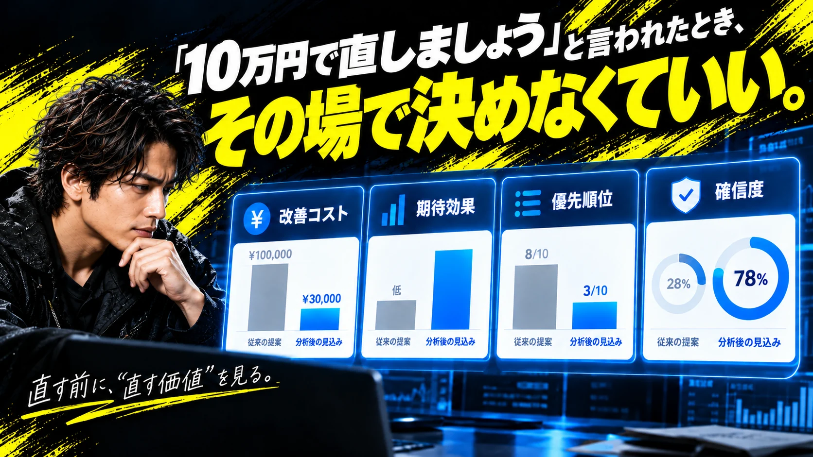 改善コスト、期待効果、優先順位、確信度から判断