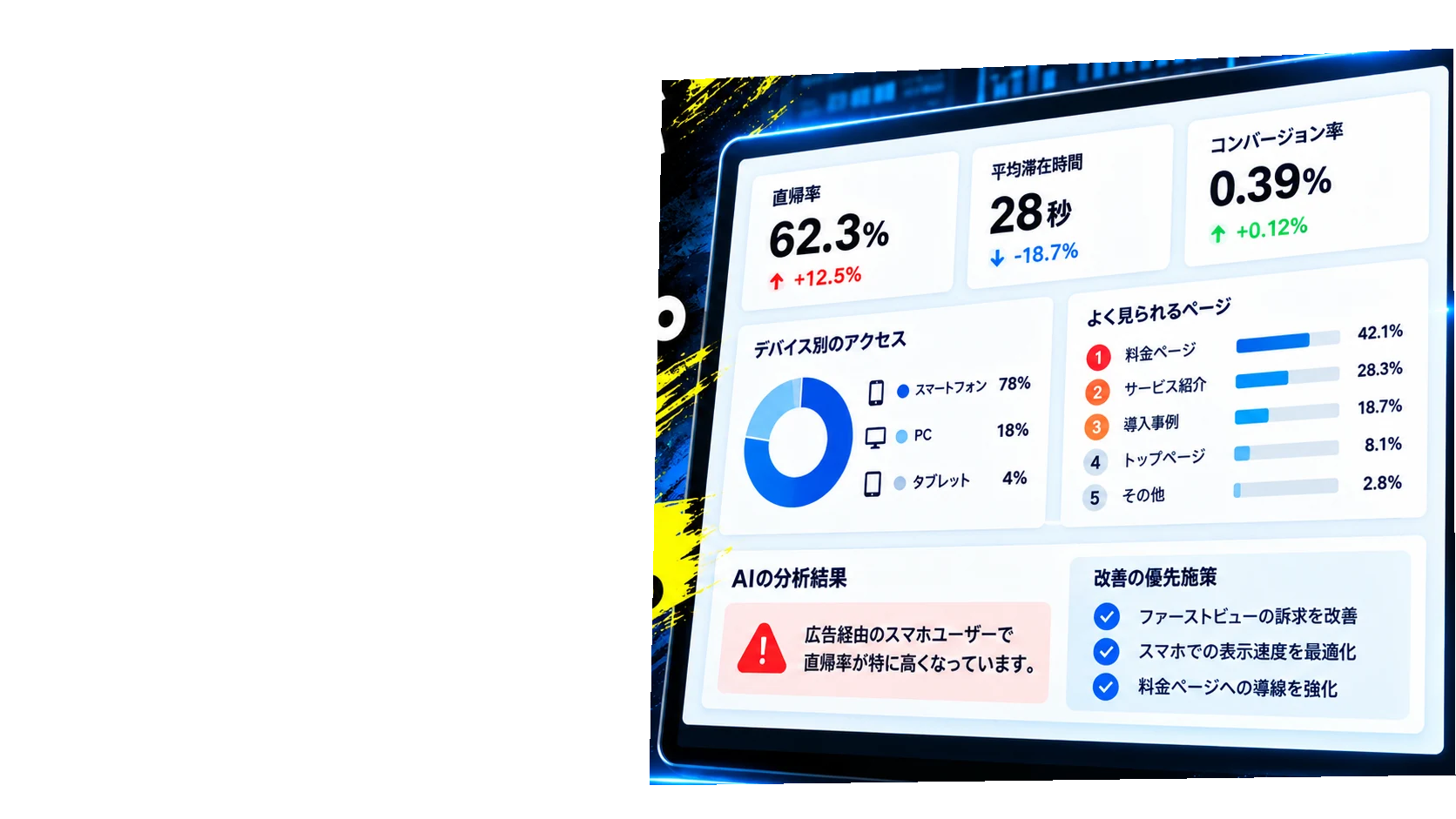 離脱率、平均滞在時間、コンバージョン率、デバイス別アクセス、よく見られるページ、AI分析結果と改善優先施策のダッシュボード
